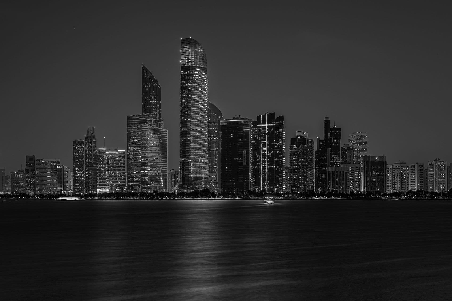Skyscrapers along the sea coast, in black and white